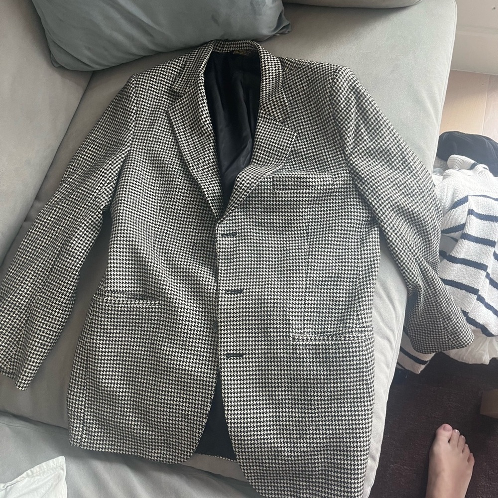 Black and White Houndstooth Wool Blazer
